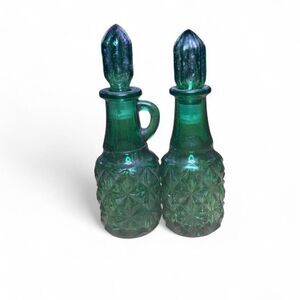 VTG Emerald Green Cut Glass Cruets W/ Stoppers Set of 2 Oil Vinegar